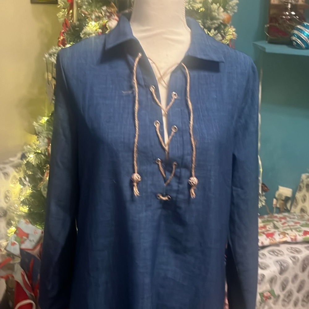 Blue Lace-Up Long Sleeve Top